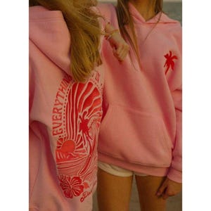 Pink Palm Puff Embroidered Hoodie, Everything Comes In Waves Pullover, Gift For Daughter