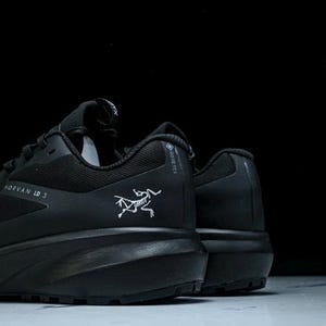 May include: Black athletic shoes with a thick sole. The shoes have the text "HOFVAN LD 3" and a white logo of a skeleton-like animal. The shoes are made of a mesh material and have a GORE-TEX label.
