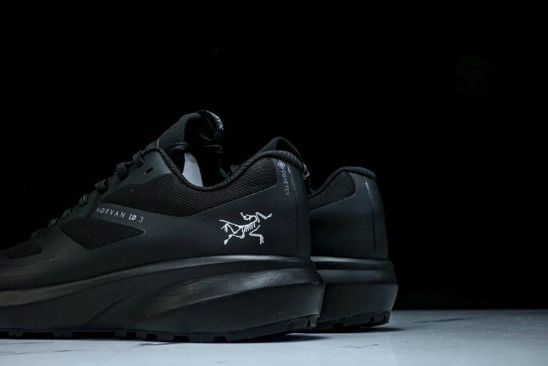 May include: Black athletic shoes with a thick sole. The shoes have the text "HOFVAN LD 3" and a white logo of a skeleton-like animal. The shoes are made of a mesh material and have a GORE-TEX label.