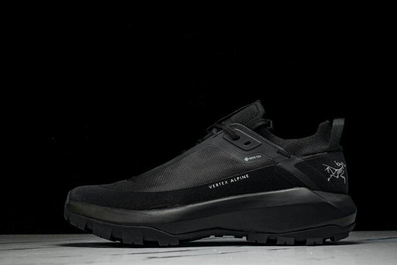 Puede incluir: Zapatilla deportiva negra con suela gruesa. El zapato tiene un dise&ntilde;o aerodin&aacute;mico con las palabras "VERTEX ALPINE" impresas en el lateral. El zapato tambi&eacute;n presenta el logotipo "GORE-TEX" y un logotipo estilizado de un caballo.