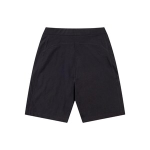 May include: Black shorts with a high waist and a tailored fit. The shorts have a simple design with a smooth texture and visible stitching details. The garment is made of a dark fabric.