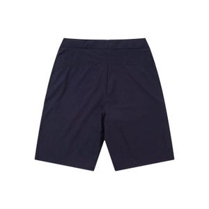 May include: Navy blue shorts with a tailored design. The shorts have a flat front and a clean, minimalist aesthetic. The fabric appears to be a lightweight, woven material, suitable for warm weather. The shorts are designed for comfort and style.