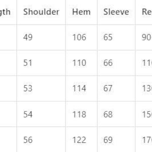 May include: A white table displaying a size chart for clothing. The chart includes measurements for chest, length, shoulder, hem, and sleeve, along with recommended weight ranges. Sizes range from S to XXL.