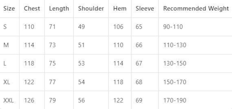 May include: A white table displaying a size chart for clothing. The chart includes measurements for chest, length, shoulder, hem, and sleeve, along with recommended weight ranges. Sizes range from S to XXL.