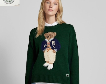 Oryginalny sweter z dzianiny Bear marki Polo Ralph Lauren | Klasyczny sweter w kolorze zielonym w stylu vintage