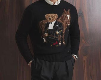Sweter Polo Ralph Lauren Teddy Bear męski, czarny, dzianinowy, bluza polo