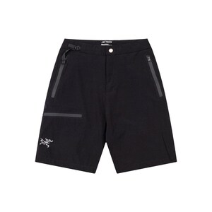 May include: Black shorts with a button closure, belt loops, and multiple zippered pockets. The shorts feature a small white logo on the front and gray accents. The shorts are designed for outdoor activities.