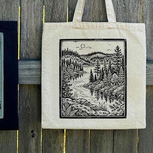 Great Lakes Nature Linocut Canvas Tote Bag, Northwoods Blockprint Outdoors Shoulder Bag, Boundary Waters Forestcore Bag, Forest Woodland Bag