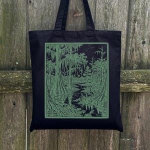 Cypress Swamp Linocut Canvas Tote Bag, Spanish Moss Botanical Shoulder Bag, Block Print Southern Wetland Bag, Outdoor Forest Nature Bag