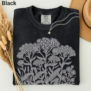 Yarrow Wildflower Linocut Shirt, Botanical Floral Graphic Tee, Cottagecore Nature Apparel, Comfort Colors