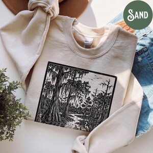 Cypress Swamp Linocut Sweatshirt, Spanish Moss Botanical Sweater, Block Print Southern Wetland Crewneck, Outdoor Forest Nature Pullover