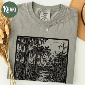 Cypress Swamp Linocut Shirt, Spanish Moss Botanical Tshirt, Block Print Southern Wetland Tee, Outdoor Forest Nature Top, Comfort Colors