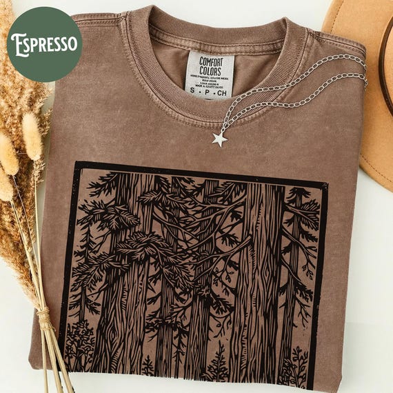 Redwood Tree Forest Aesthetic Linocut Shirt, Forestcore Block Print Nature Tshirt, Forest Lovers Tee, Hiking Lovers Gift, Comfort Colors