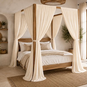 Cream Muslin Canopy Bed Curtains, Crinkle Cotton Drapes, Four Poster Bed Decor