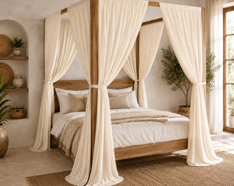 Cream Muslin Canopy Bed Curtains, Crinkle Cotton Drapes, Four Poster Bed Decor