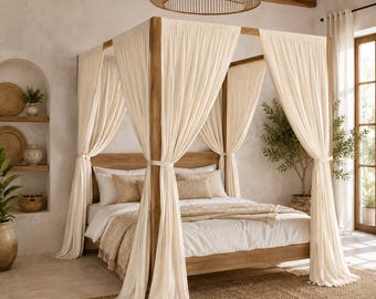 Cream Muslin Canopy Bed Curtains, Crinkle Cotton Drapes, Four Poster Bed Decor