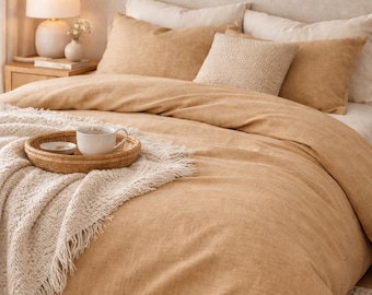 Luksusowy komplet pościeli lnianej, miękka i oddychająca pościel, minimalistyczna beżowa poszewka na kołdrę, nowoczesny wystrój sypialni