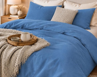 Denim Blue Linen Duvet Cover Set, Breathable Minimalist Blue King Queen Bedding