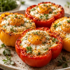 Op de afbeelding: Vier paprika's in rood en geel, gehalveerd en uitgehold, dienen als bakje voor een gebakken ei. Het eiwit is stevig gebakken, bekroond met een heldere gele eidooier en bestrooid met groene kruiden en donkere specerijen.