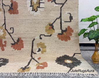 Alfombra de yute estilo suroeste, alfombra tribal tejida a mano, decoración bohemia neutra para sala de estar.