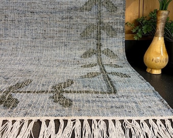 Handwoven Blue Jute Kilim Rug Boho Tribal Farmhouse Carpet Natural Fiber Scandinavian Decor