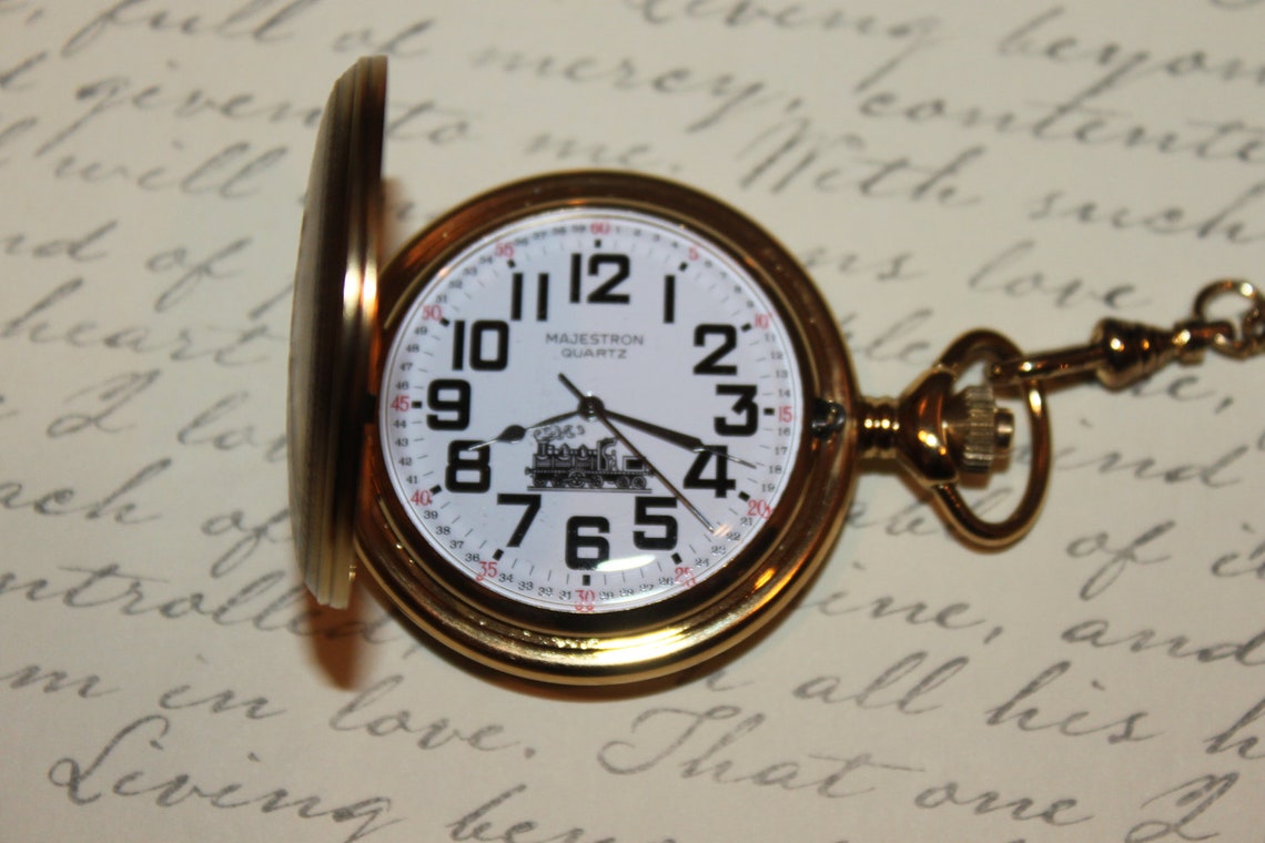 Vintage Train Pocket Watch & Chain Majestron Etsy