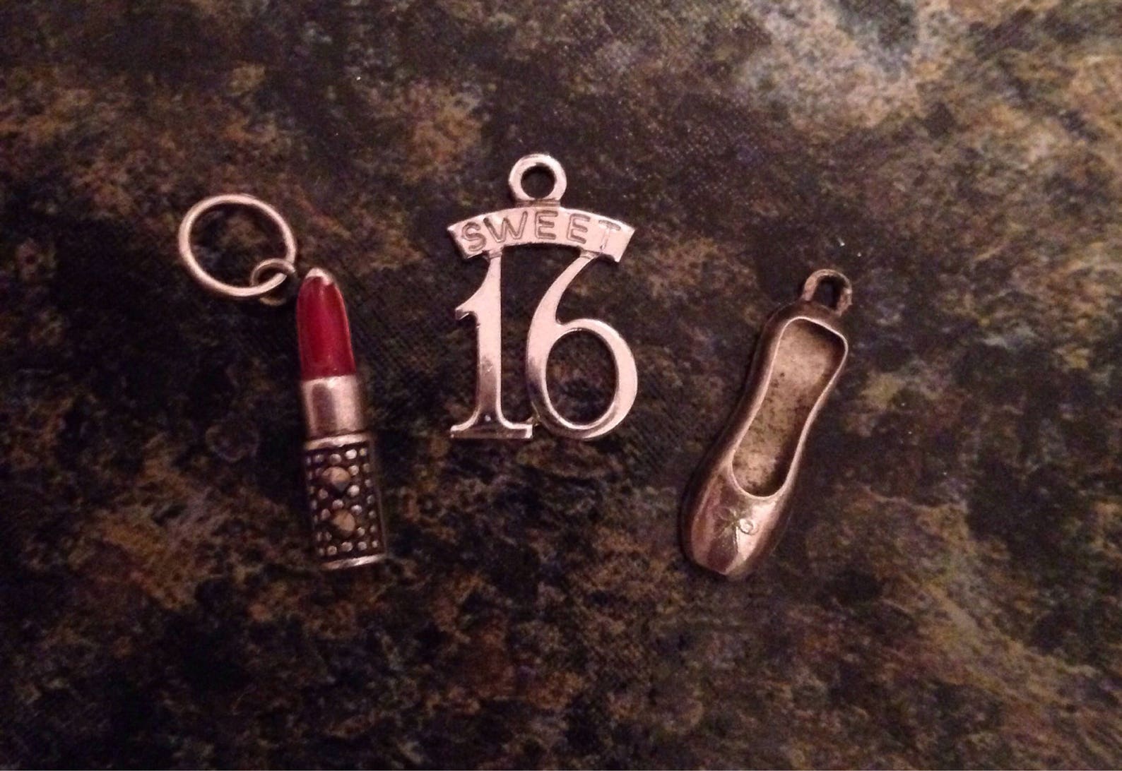 sterling 3 charms- sweet 16, ballet shoe & lipstick