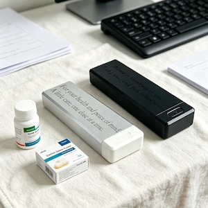 May include: A white pill organizer with the text For your health and peace of mind. A little care, one dose at a time, a black pill organizer with the text Always thinking of you. Take this and feel better soon, a white pill bottle, and a small box.