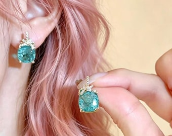 Pendientes colgantes personalizados de cuentas de vidrio verde, pendientes colgantes minimalistas de diamantes, pendientes de aro elegantes y sofisticados, regalos de Navidad.