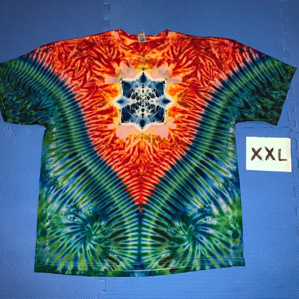 Tie Dye T-Shirt ~ Aqua Lotus with Fire Scrunch, Aqua V and Spirals ~ i_7730 in Adult 2XL