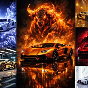 Puede incluir: Un collage de coches deportivos de lujo en varios entornos. Incluye un coche plateado cubierto de cristales, un coche dorado, un coche rojo y un coche blanco con detalles en rojo. Una imagen presenta un coche naranja con un toro de fuego.