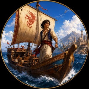 Peut inclure: Une personne aux cheveux sombres se tient sur un voilier en bois avec une grande voile blanche ornée d'un emblème de dragon rouge. Le navire présente des accents bleus et dorés, naviguant sur une mer bleue vers une ville côtière lointaine.