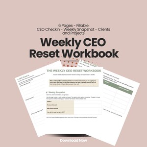 Könnte beinhalten: Ein Weekly CEO Reset Workbook mit ausfüllbaren Seiten für die Geschäftsplanung. Das Cover zeigt den Titel in großen, fetten Buchstaben. Das Arbeitsbuch enthält Abschnitte für CEO-Check-ins, wöchentliche Momentaufnahmen und Kunden-/Projektmanagement.