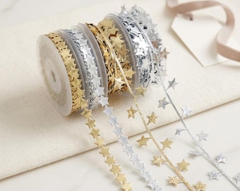Christmas Tree Star Ribbon, Ultrasonic Embossed Polyester Trim for Holiday Gift Wrapping