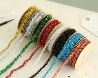 10yd Christmas Tree Metallic Fringe Ribbon, Gold Tinsel Velvet Trim for Holiday Gift Wrapping