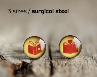 Book lover post earrings, Surgical steel ear stud, Reading earring, Tiny earring studs