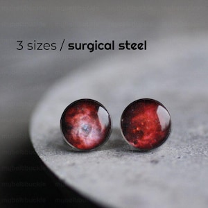 Space post earrings, Surgical steel stud, Red Universe earring stud, Stardust earring post, Tiny earring studs