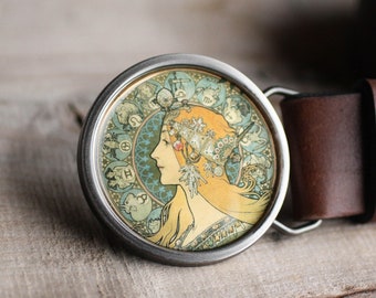 Art Nouveau belt buckle, Mucha Zodiac Belt Buckle, Mucha belt buckle, Fine art belt buckle, Womens belt buckle