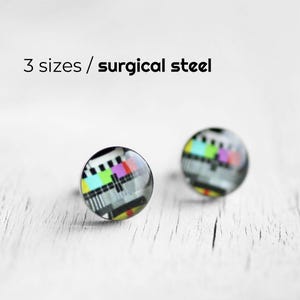 Monoscope post earrings, Surgical steel stud, Tiny earring studs, TV test pattern stud earrings, mens earrings, earrings for men