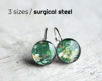 Floral earrings, Surgical steel earrings, Monet dangle earring, waterlilies earring, green earring