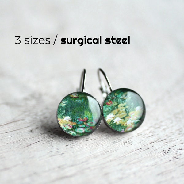 Floral earrings, Surgical steel earrings, Monet dangle earring, waterlilies earring, green earring