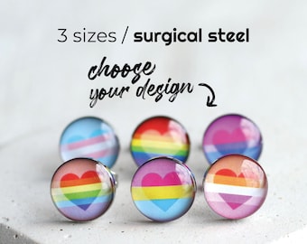 Rainbow Heart Stud Earrings – Subtle Pride Jewelry, Hypoallergenic Surgical Steel, 3 Sizes, Multiple Designs, Screw Back or Classic Back