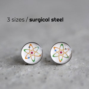 Atom post earrings, Surgical steel studs, Science earring, Tiny earring studs, mens earrings, Unisex earring