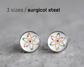 Atom post earrings, Surgical steel studs, Science earring, Tiny earring studs, mens earrings, Unisex earring