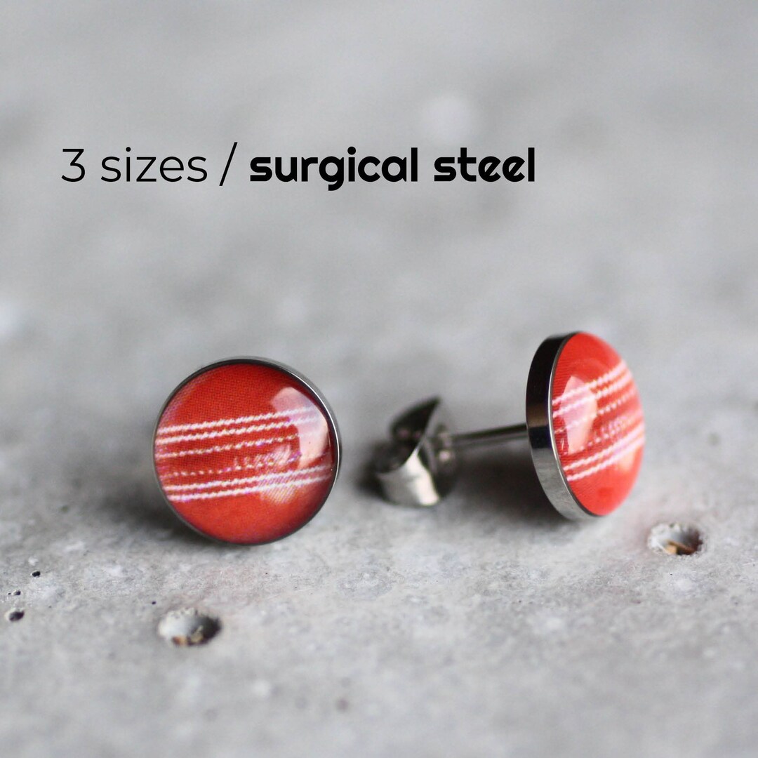 Cricket Ball Stud Earrings, Surgical Steel Post, Red Ball Earring Studs