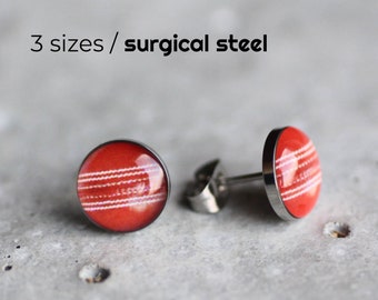 Cricket ball stud earrings, Surgical steel post, Red Ball earring studs, sport earrings, mens earrings, sport ball stud sport jewelry