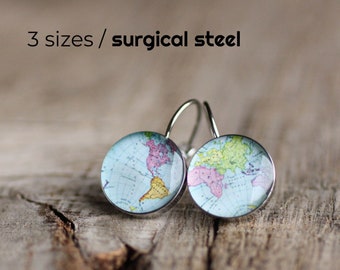 Blue World map earrings, Surgical steel earring, Vintage map earrings, French clip, Leverback, Dangle