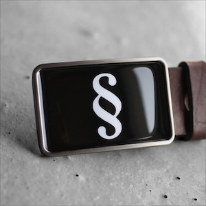 May include: A silver belt buckle with a black background and a white section symbol.