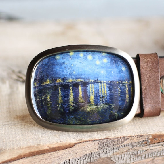 Black Leather Starry Night Buckle Belt,S-L Starry Night Belt Buckle, Van Gogh Belt Buckle, Wearable Art  main image 4