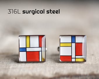 Mondrian Cufflinks, Stainless steel cufflinks, for men, art cufflinks, geometric cufflinks, Mens cufflinks, Gift for Him, wedding